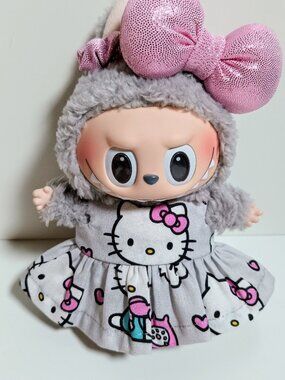 Custom Hello Kitty Dress and Metallic Bow Made to fit Labubu